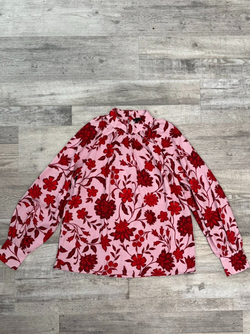 Ann Taylor Pink Red Floral Long Sleeve High Neck Blouse Size Small I26